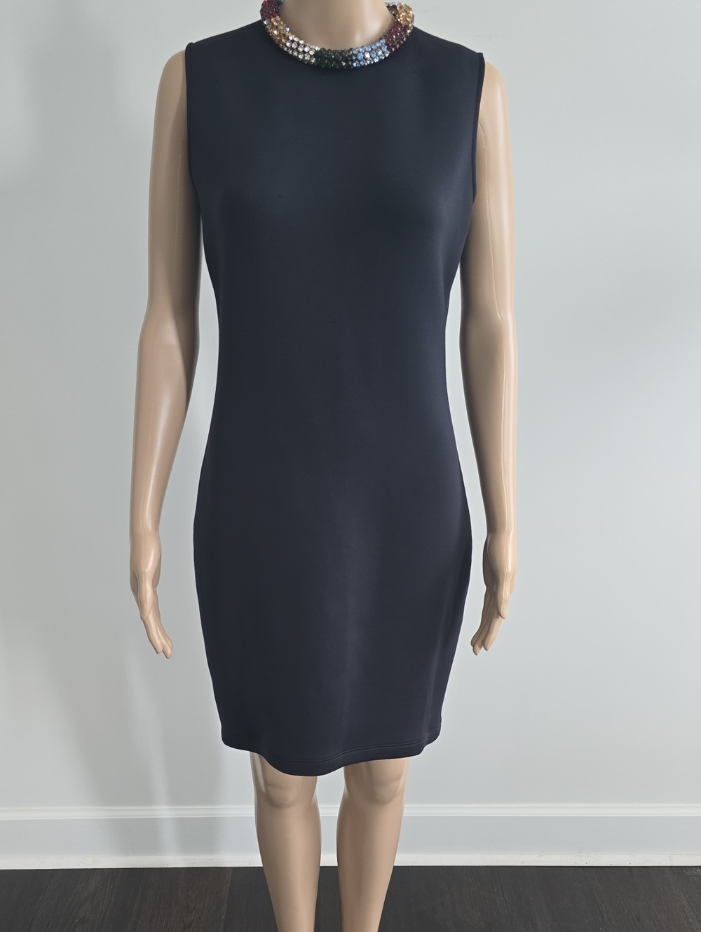 Alexander McQueen Black Sleeveless Sheath Dress with Multicolor Jeweled Collar